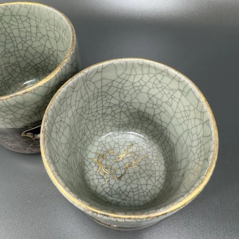 Otagiri SomaWare Gold Horse Cup Tumbler Porcelain Obori Crackled Glaze Set2 Cups